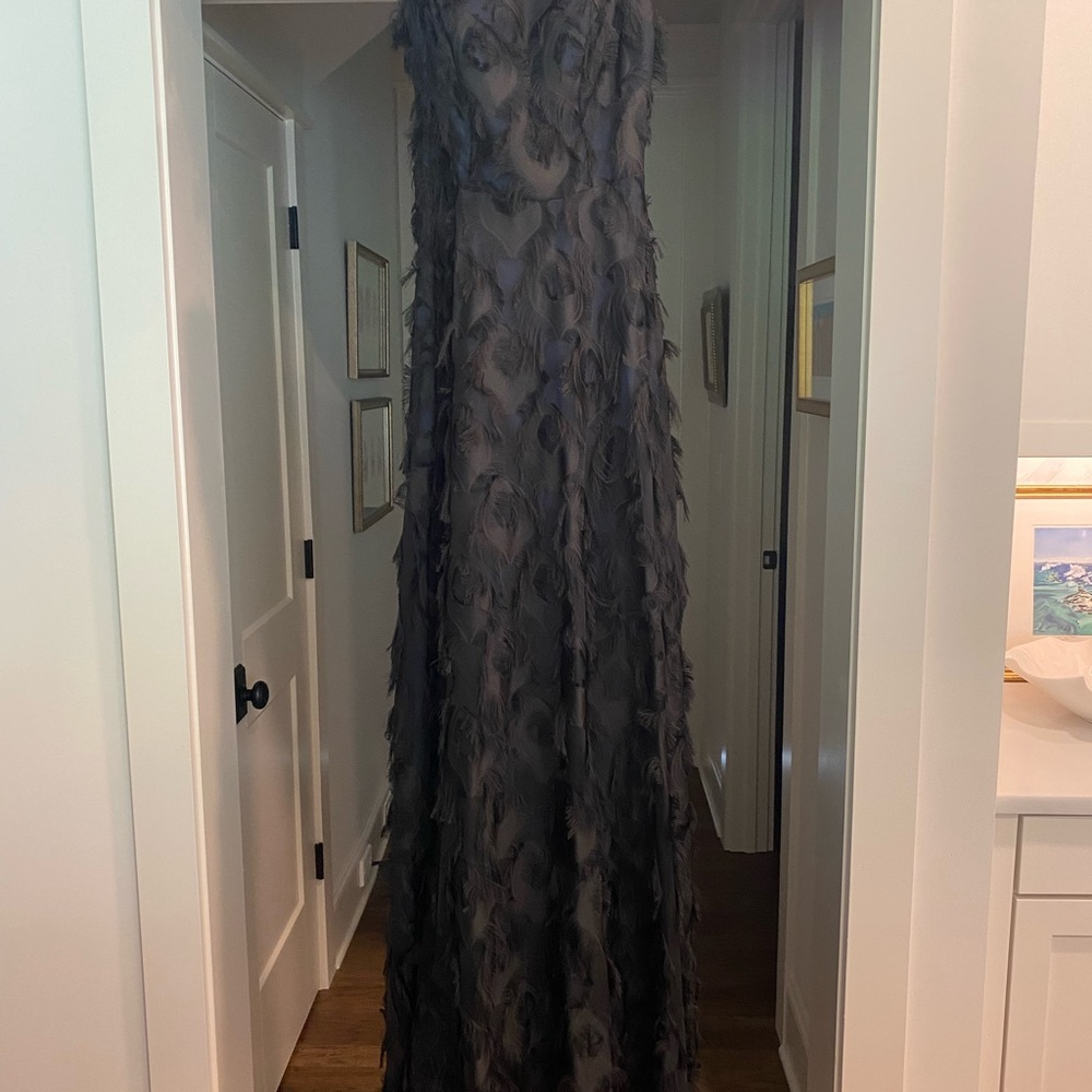 Gorgeous, custom tailored formal one shoulder gown blue and black feather detail
